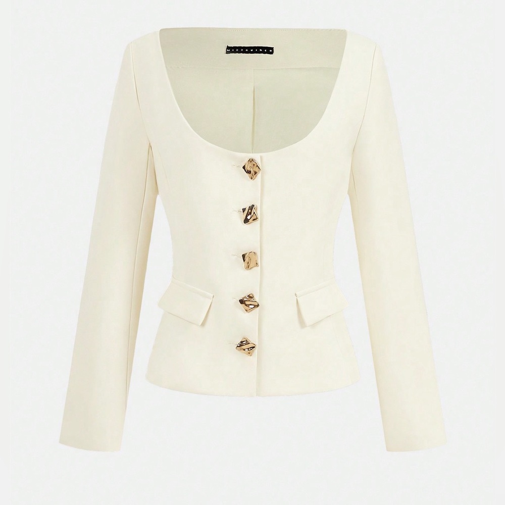 Ivory Scoop neck Blazer Top with Gold Buttons